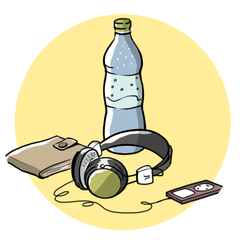 Wasserflasche, Geldbörse und MP3-Player